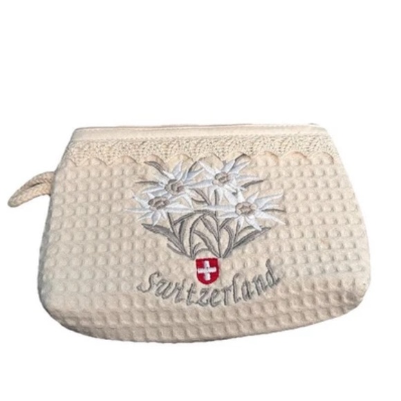 Handbags - Zippered Pouch Bag Italy Cotton Switzerland Souvenir Embroidery Edelweiss Flower